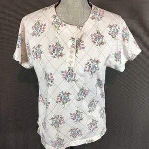 Y2K Cottage Core Size PM Medium M Petite Short Sleeve Top Blouse Floral Cotton